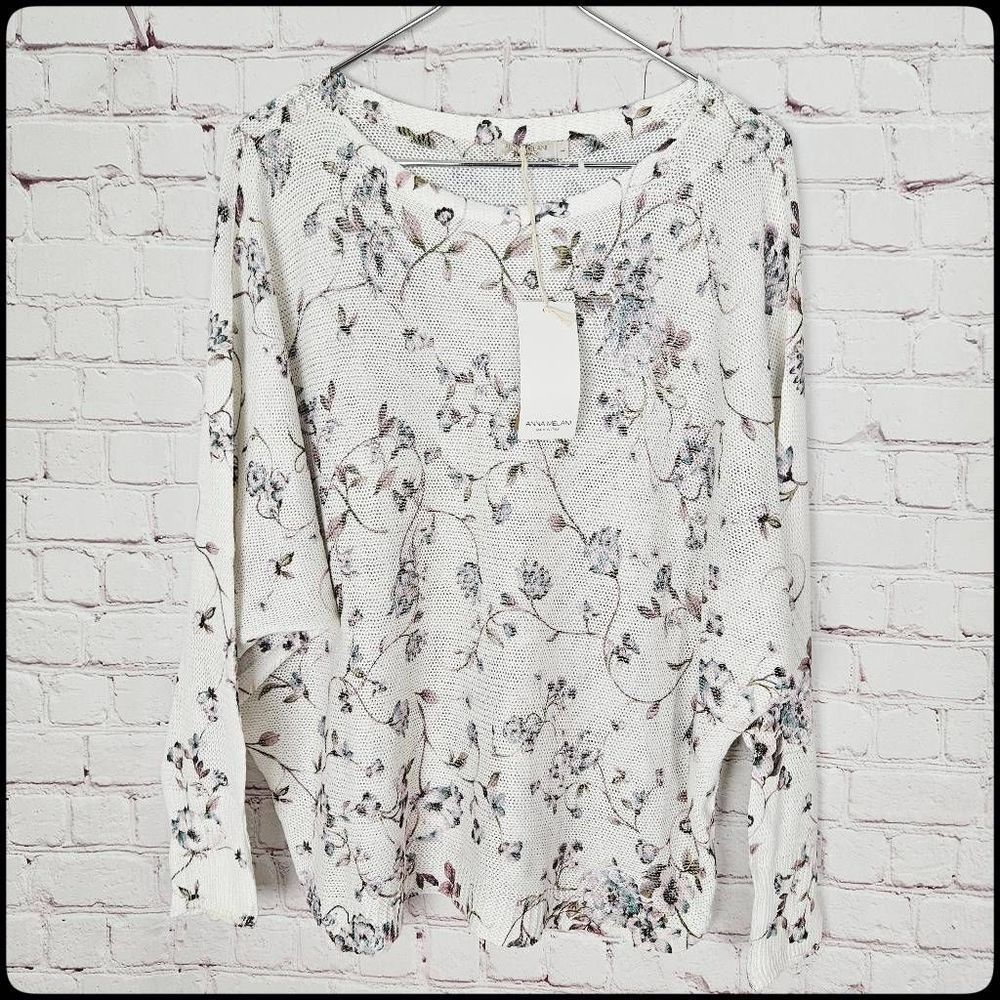 NWT ANNA MELANI Italy Cottagecore Oversized Pink & White Floral Knit Sweater Lg